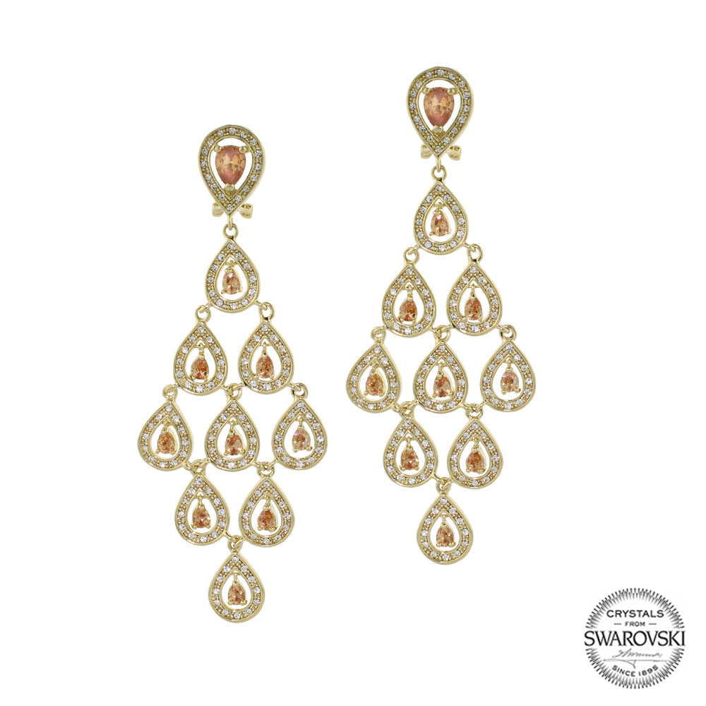 Chandelier earrings by Lauren G Adams in gold-tone with peach teardrops and crystal pave on Tampa Home & Garden Store