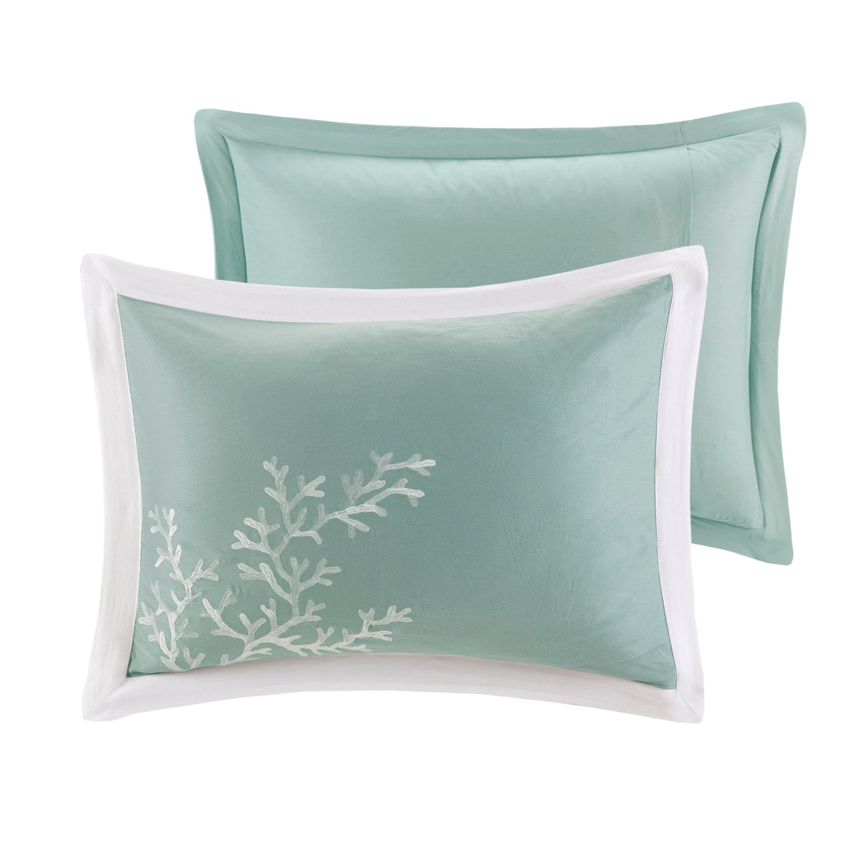 Oversized aqua cotton jacquard bedding set with white pillows and coral embroidery on Tampa Home & Garden Store