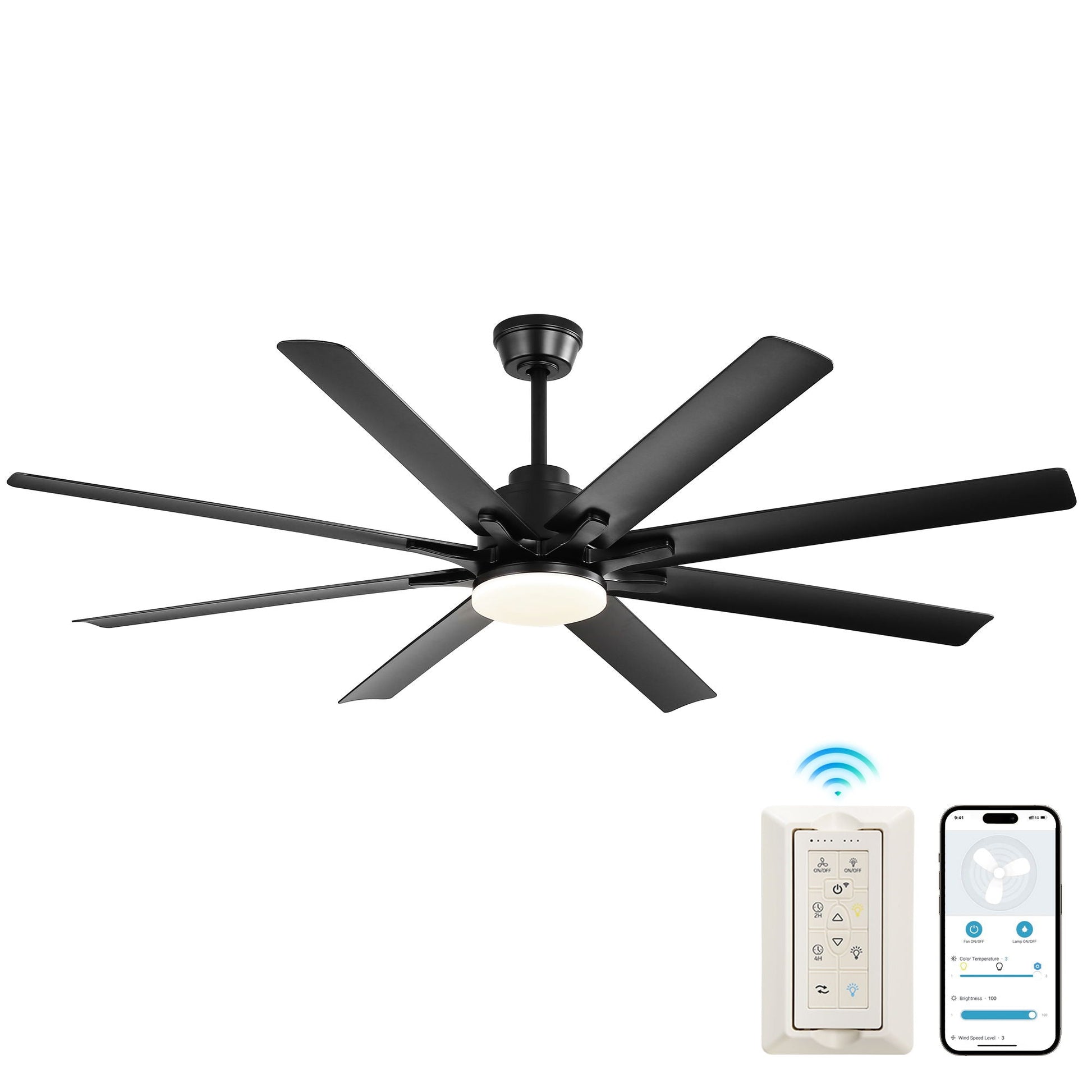 Smart ceiling fan with 8 black blades, LED light, remote and app control by HouseOfZazla on Tampa Home & Garden Store