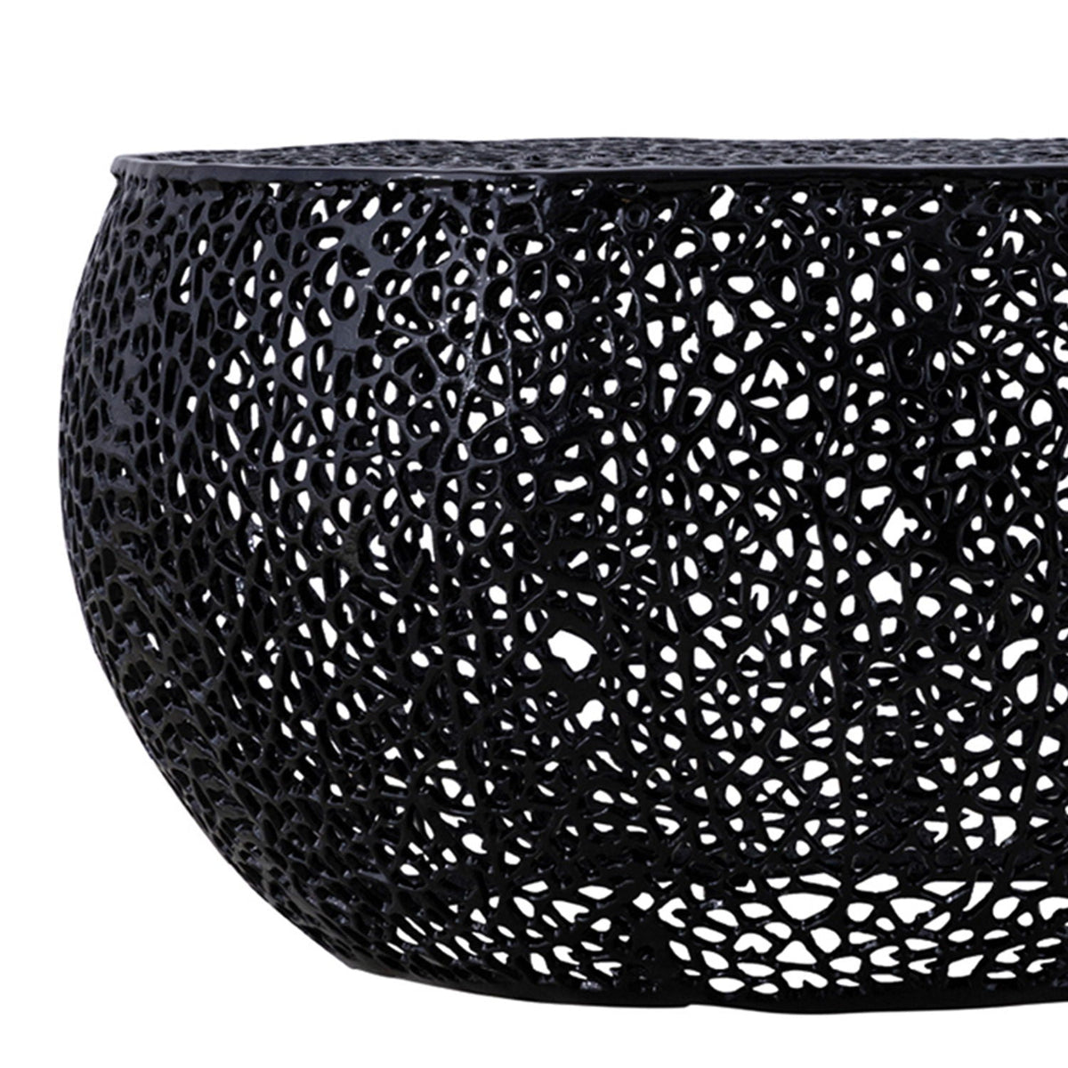 Round coffee table with aluminum frame and black lattice openwork design on Tampa Home & Garden Store