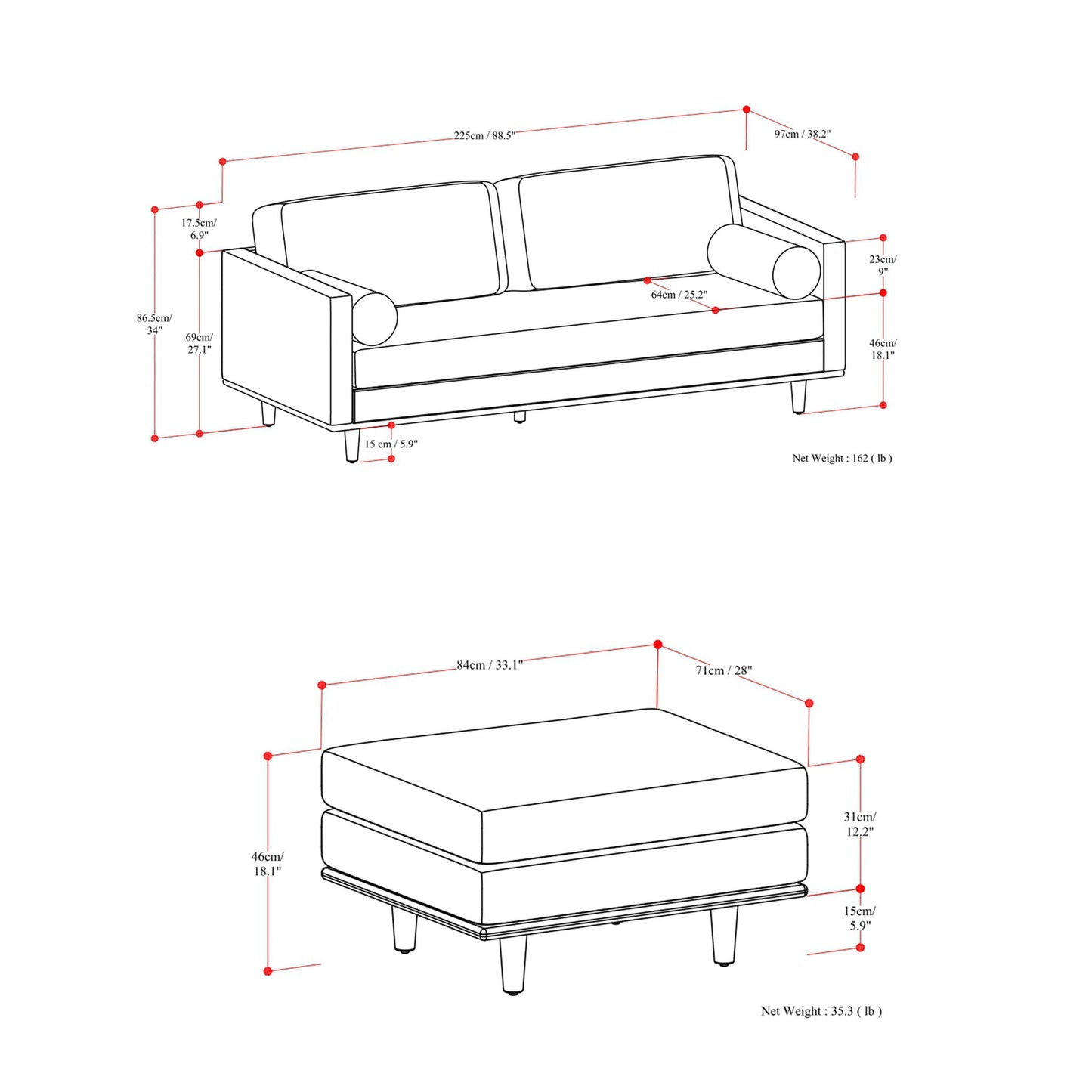 Morrison Brazilian Leather Sofa and Ottoman Set