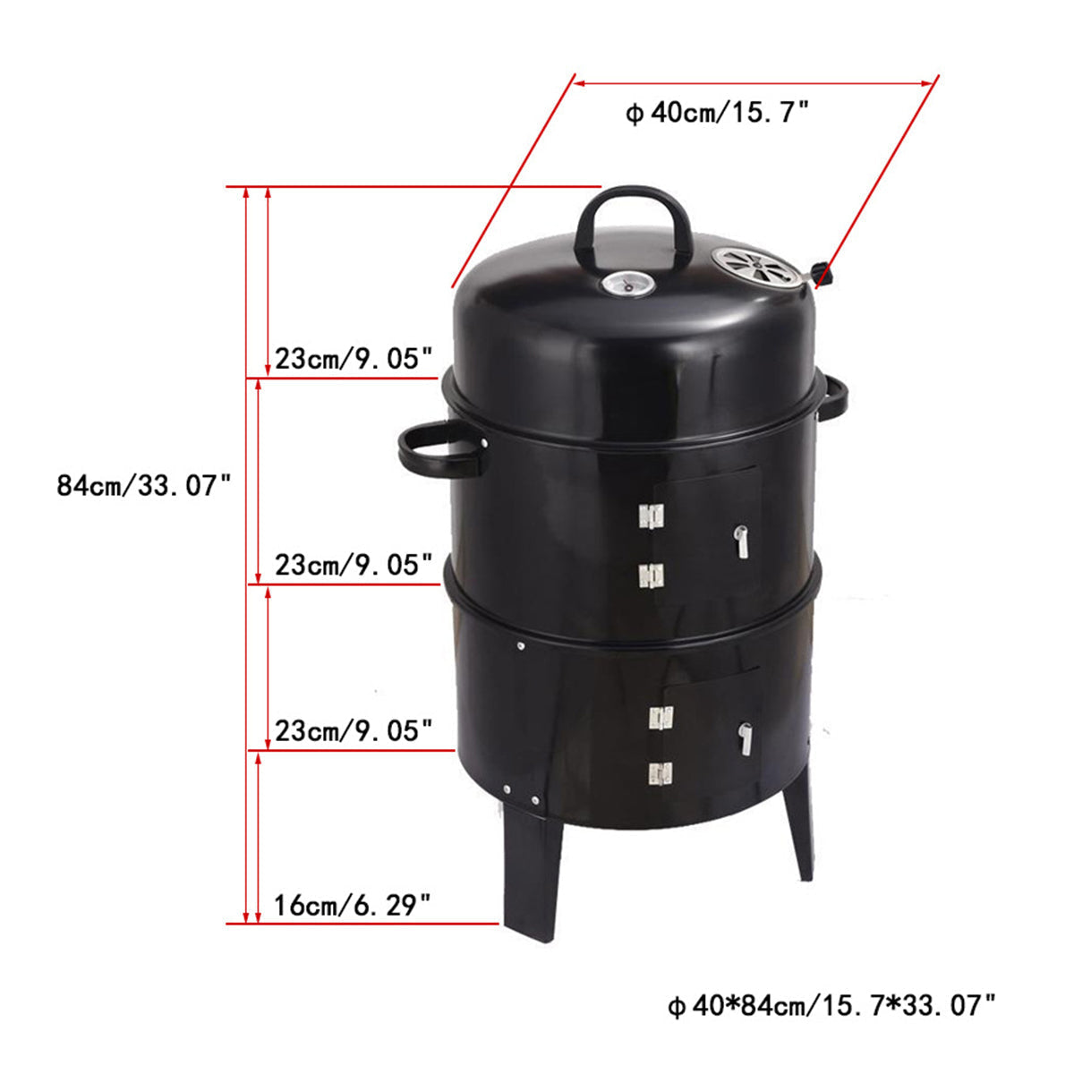 Outdoor black charcoal smoker with three stacked drums and lid handle, HouseOfZazla on Tampa Home & Garden Store