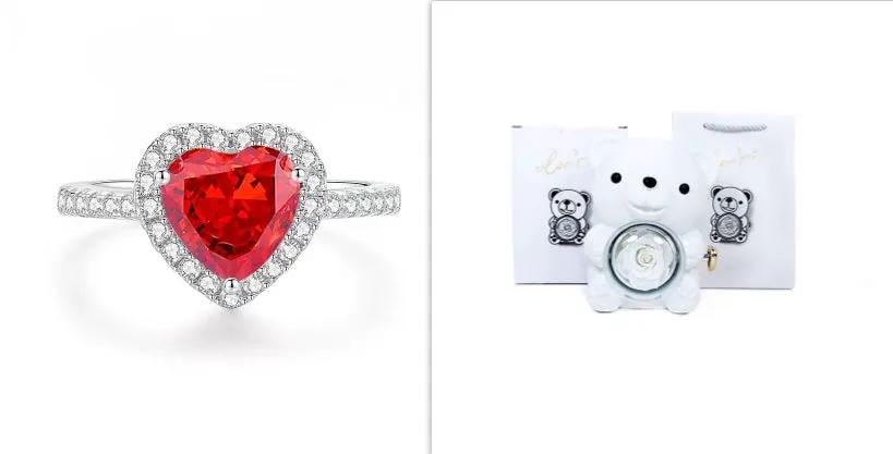 Heart red gemstone ring with diamond halo and white teddy bear jewelry box set on Tampa Home & Garden Store
