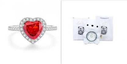 Heart red gemstone ring with diamond halo and white teddy bear jewelry box set on Tampa Home & Garden Store