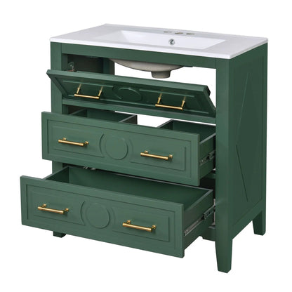 Retro bathroom vanity with sink, green freestanding cabinet, white top, 3 drawers, gold hardware on Tampa Home & Garden Store
