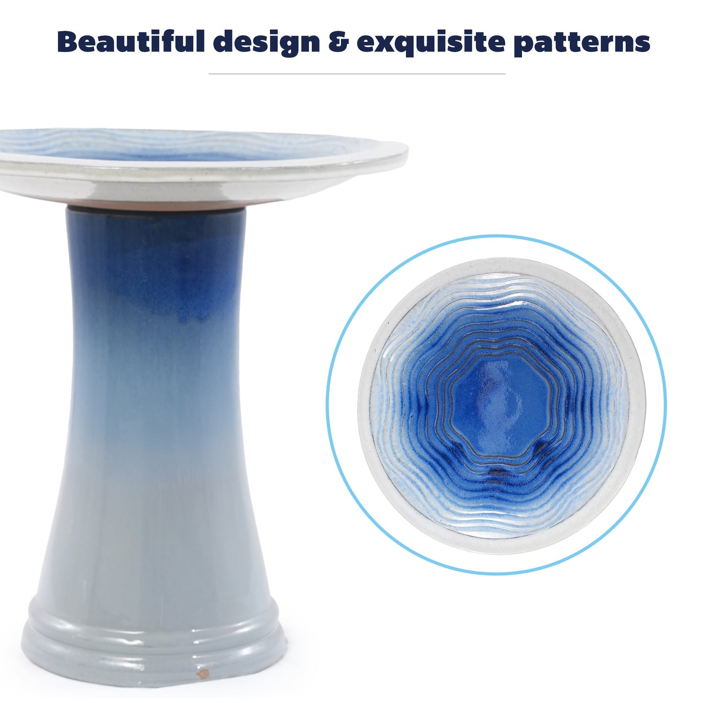 Handmade glazed ceramic bird bath on gradient blue pedestal with blue dish by HouseOfZazla on Tampa Home & Garden Store