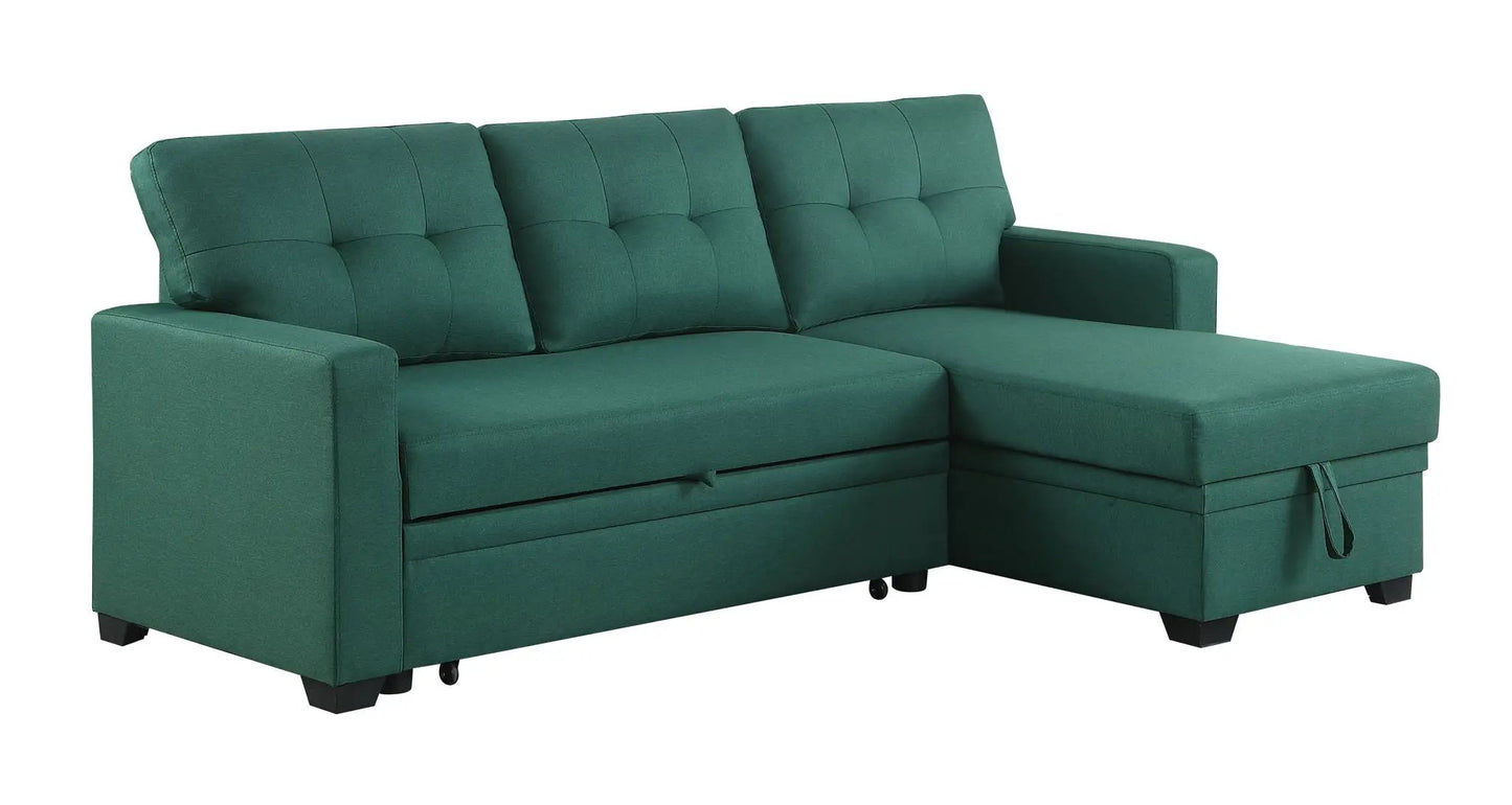 Upholstered pull-out sleeper sectional with right chaise in green fabric, tufted cushions on Tampa Home & Garden Store
