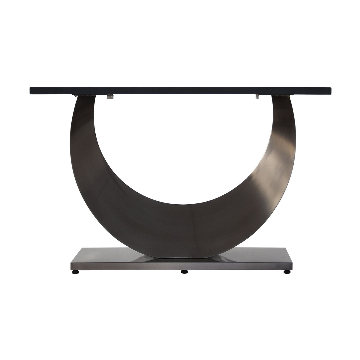 Modern artificial stone dining table with crescent-shaped metal legs and dark top on Tampa Home & Garden Store