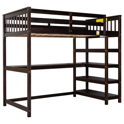 Loft bed with storage shelves and under-bed desk in dark brown wood HouseOfZazla on Tampa Home & Garden Store