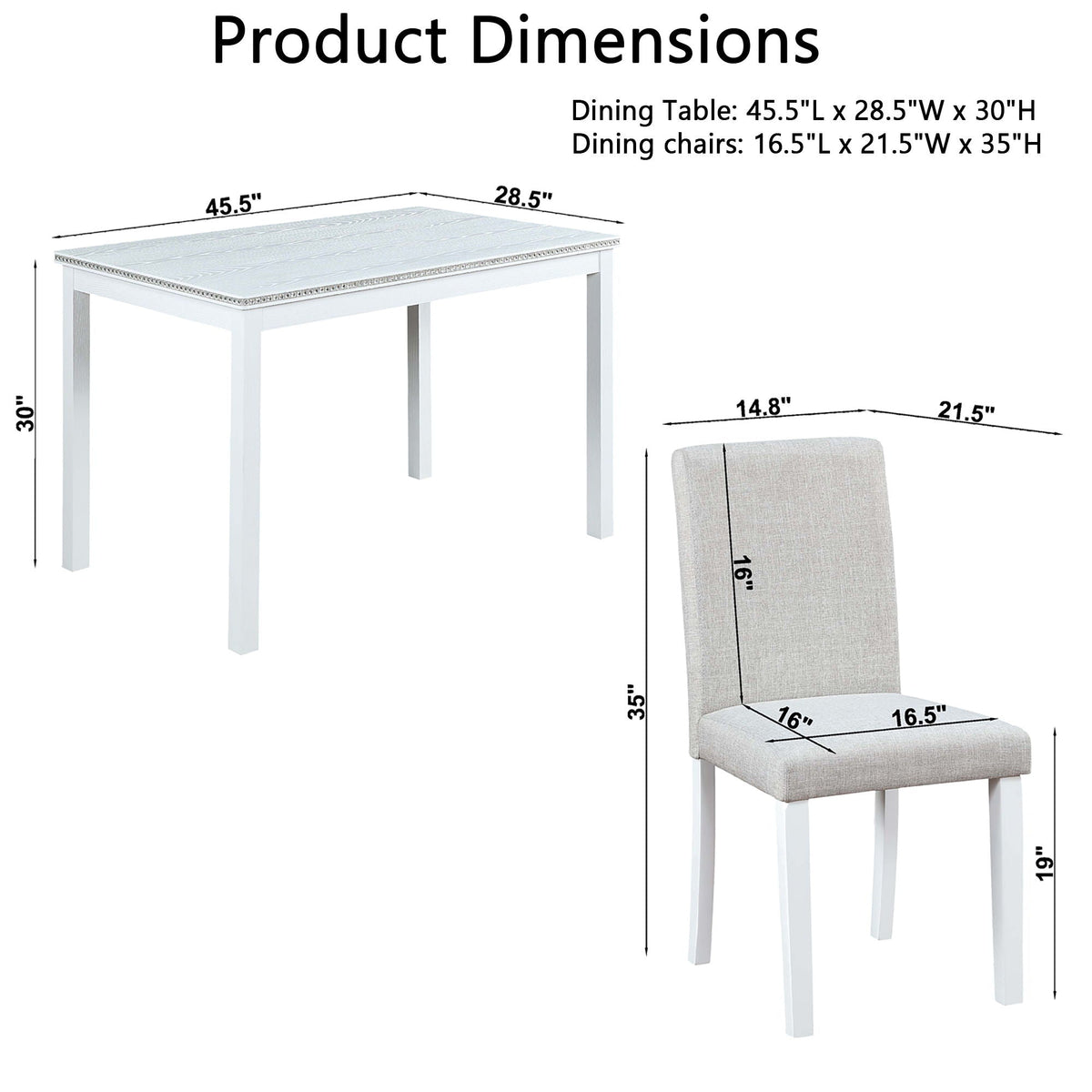 5 Piece Dining Table Set with crystal-edged table and upholstered chairs in gray or white on Tampa Home & Garden Store