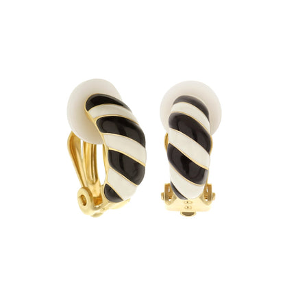 Clip-On Enamel Striped Earrings by Lauren G Adams; black white stripes with gold trim on Tampa Home & Garden Store