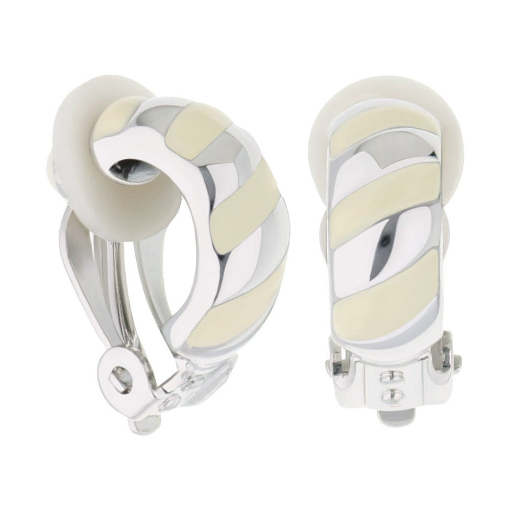 Clip-on enamel striped earrings by Lauren G Adams in silver-tone with cream stripes on Tampa Home & Garden Store
