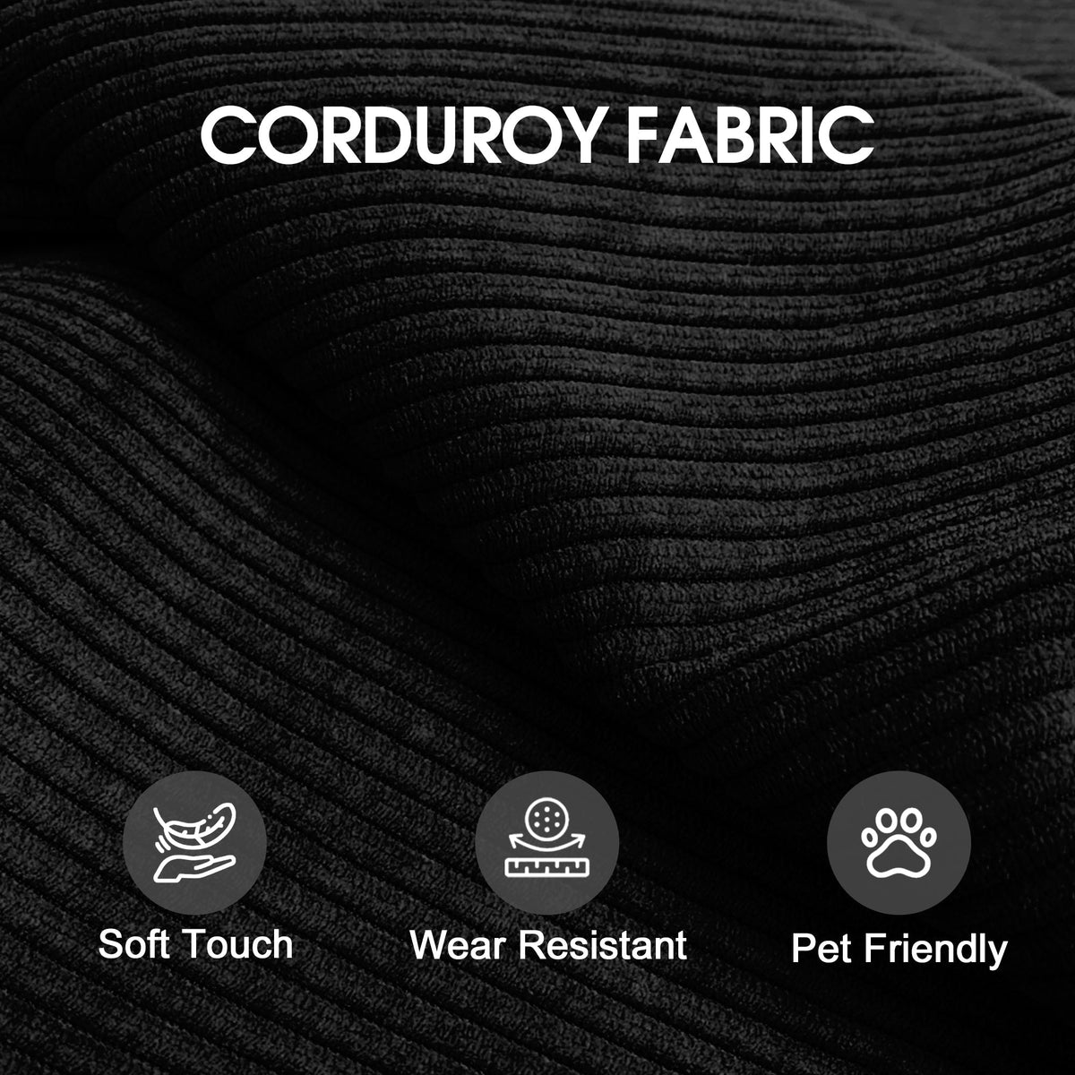 Black corduroy fabric close-up with CORDUROY FABRIC label; bottom icons Soft Touch Pet Friendly on Tampa Home & Garden Store