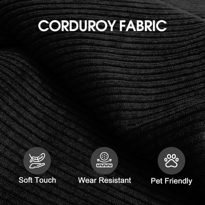 Black corduroy fabric close-up with CORDUROY FABRIC label; bottom icons Soft Touch Pet Friendly on Tampa Home & Garden Store