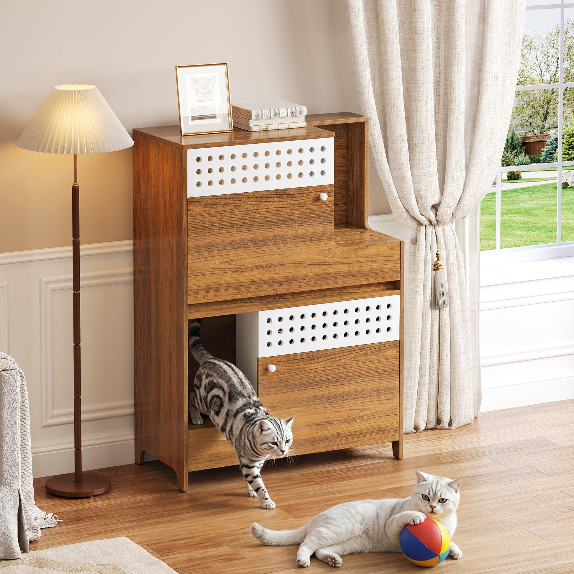 Modern 2-in-1 cat furniture litter box enclosure side table in oak with white perforated panels on Tampa Home & Garden Store