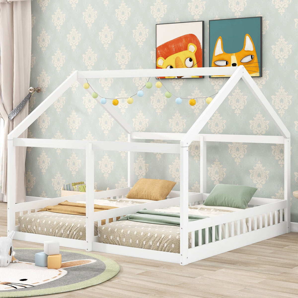 HouseOfZazla platform beds, 2 twin shared beds with white frames and guardrails on Tampa Home & Garden Store
