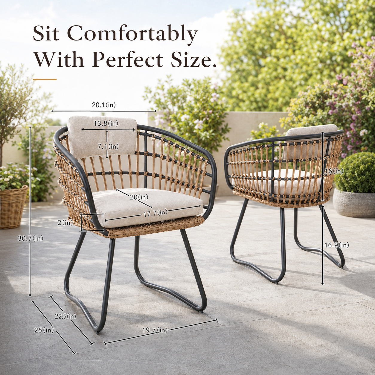 Outdoor wicker dining chairs set of 2 with beige cushions and black metal legs on Tampa Home & Garden Store