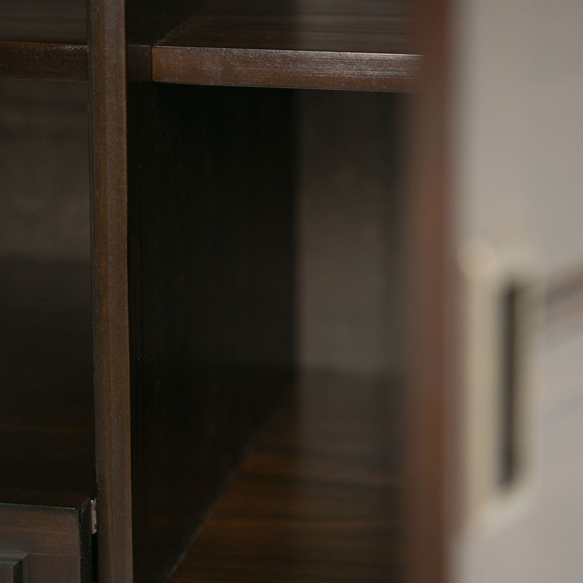 Handcrafted Tall TV Stand with Storage and Wood in dark walnut finish shelf edge on Tampa Home & Garden Store