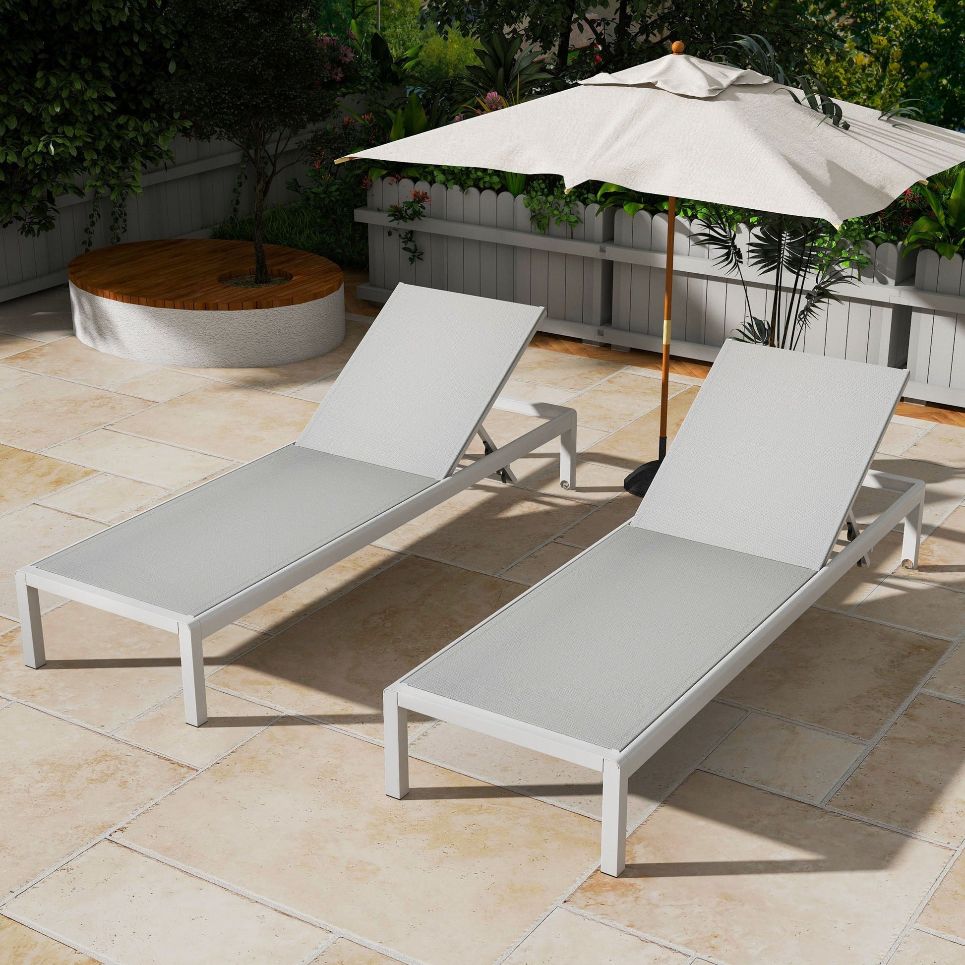 Outdoor Patio Chaise Lounge by HouseOfZazla, 2 gray fabric chaises, 5 reclining positions on Tampa Home & Garden Store