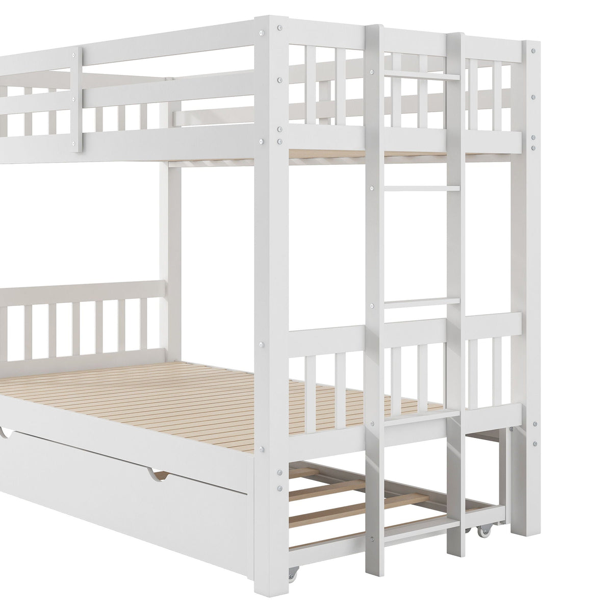 HouseOfZazla Smooth Mobility Bunk Bed With Trundle, white wood, ladder and guard rails on Tampa Home & Garden Store
