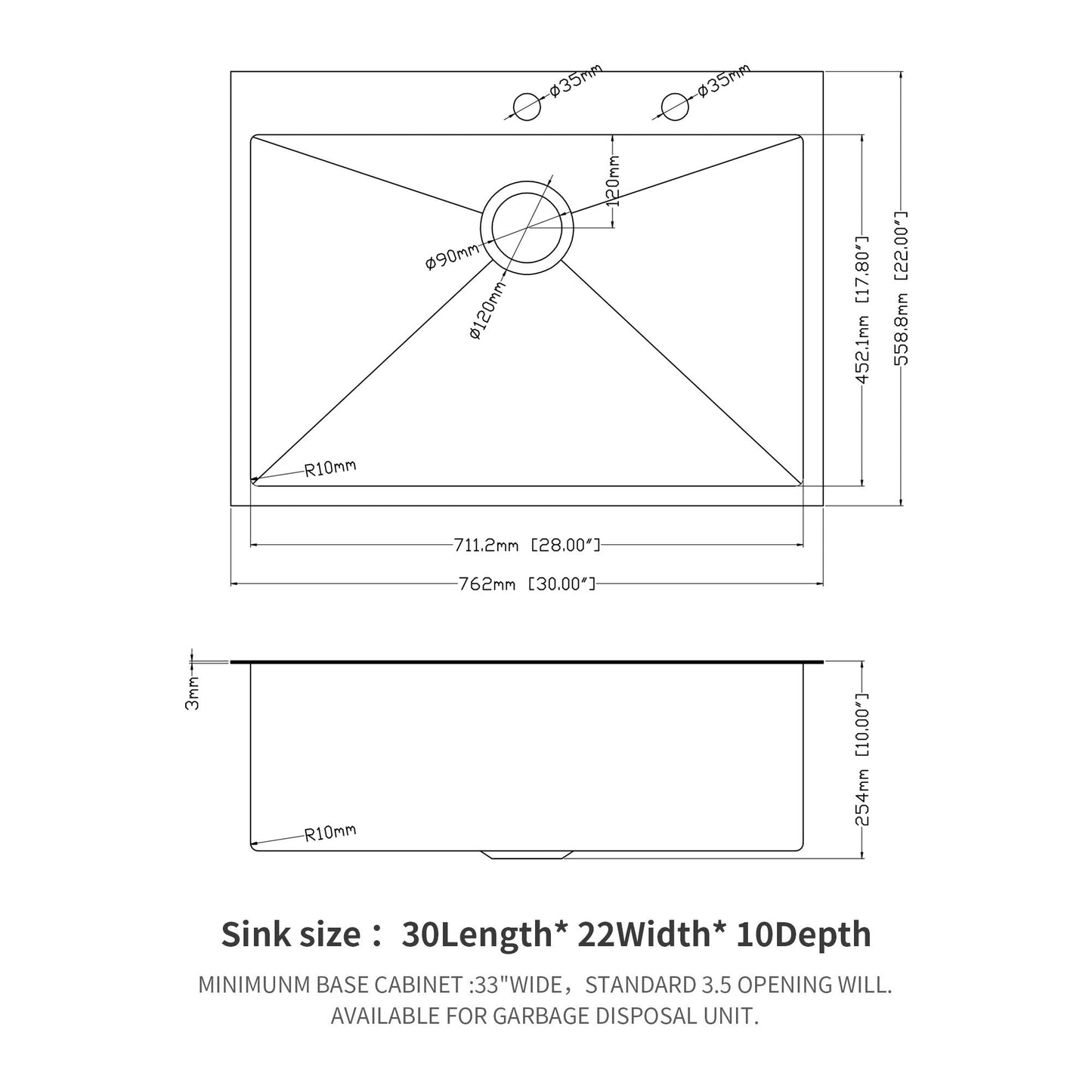 Topmount Sink 16 Gauge and Single Bowl Steel
