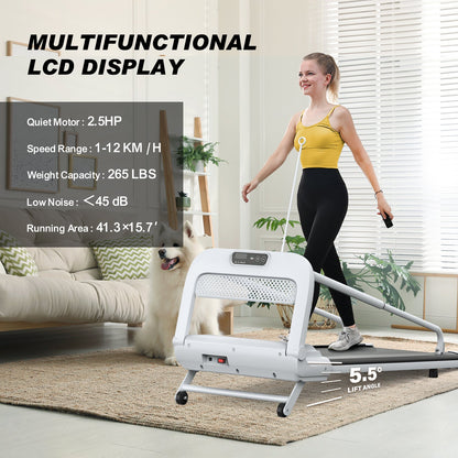 2025 New Quiet Smart Pet Treadmill, white frame, home use with woman in yellow top and dog on Tampa Home & Garden Store