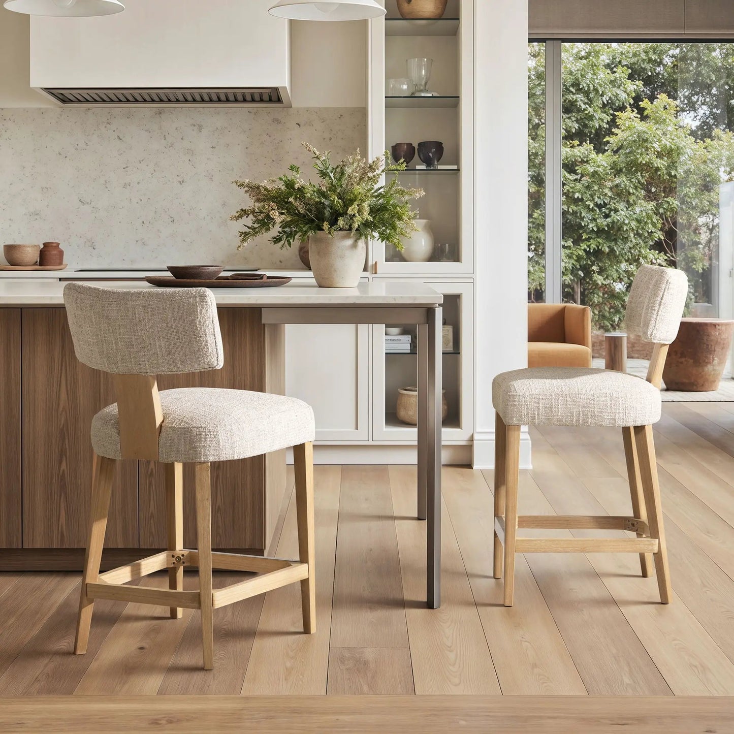 Penny round arched upholstered counter stools, travertine beige fabric, wood legs, set of 2 on Tampa Home & Garden Store