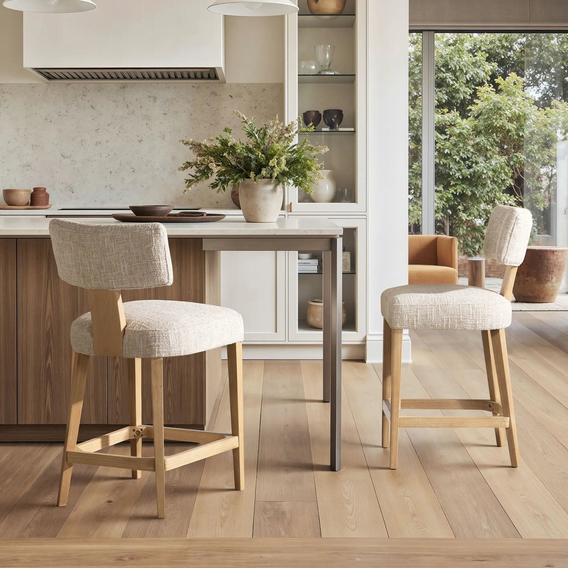 Penny round arched upholstered counter stools, travertine beige fabric, wood legs, set of 2 on Tampa Home & Garden Store