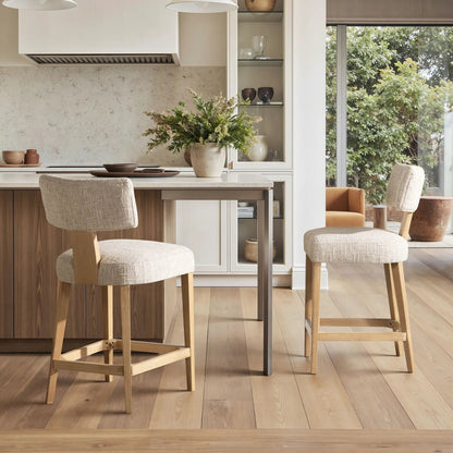 Penny round arched upholstered counter stools, travertine beige fabric, wood legs, set of 2 on Tampa Home & Garden Store