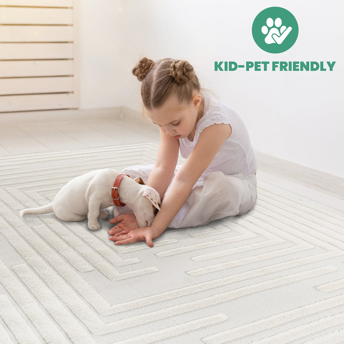 High Low Striped Rug with Geometric Cream Style rug by HouseOfZazla; child and puppy on Tampa Home & Garden Store