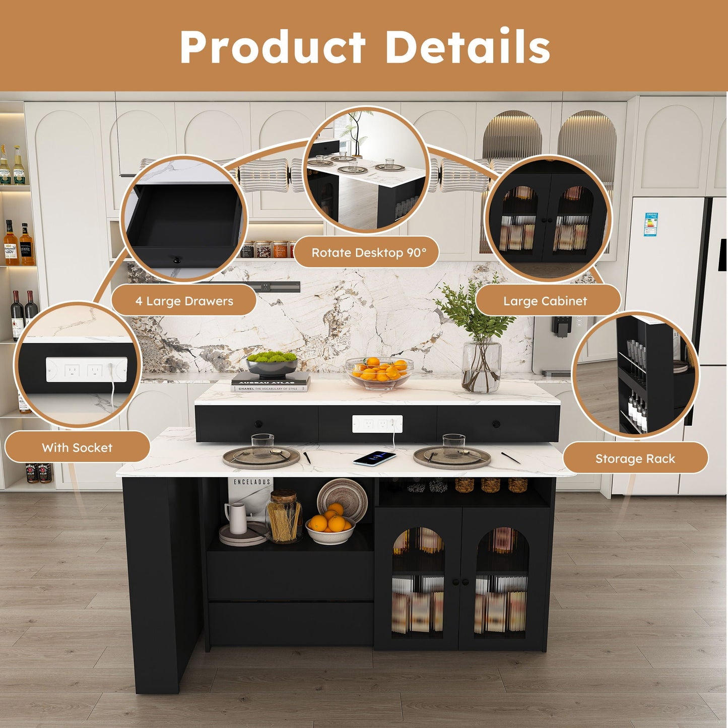 Kitchen Island with Extendable Rotating Table