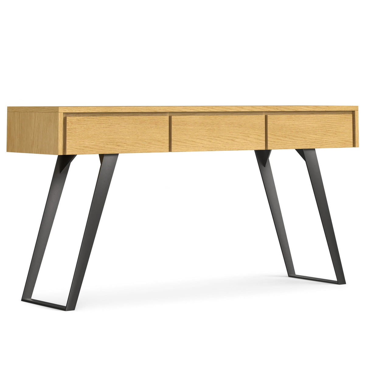 Oak Lowry console sofa table with storage drawers, oak finish, black metal legs by HouseOfZazla on Tampa Home & Garden Store