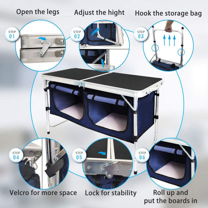Folding camping table and storage compartment