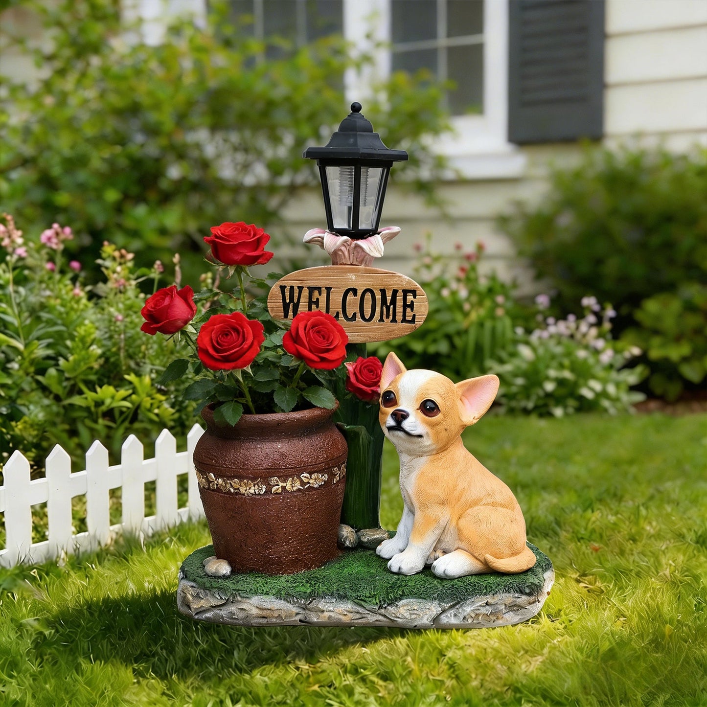 Sitting Corgi Dog Planter statue with black lantern lamp and red roses, HouseOfZazla on Tampa Home & Garden Store