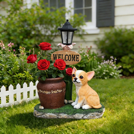 Sitting Corgi Dog Planter statue with black lantern lamp and red roses, HouseOfZazla on Tampa Home & Garden Store