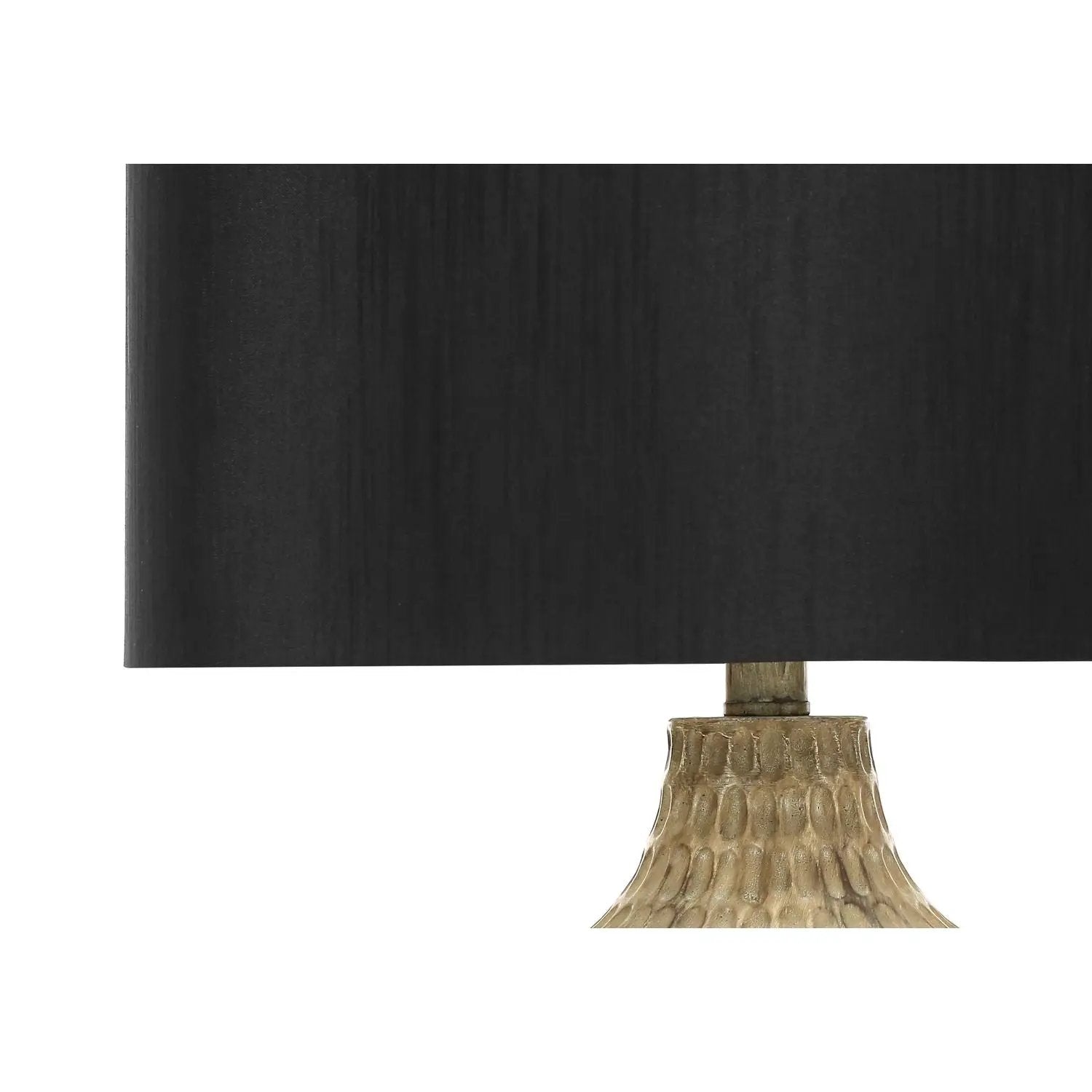 Table lamp resin brown with black shade, gold-tone stem, textured beige base on Tampa Home & Garden Store