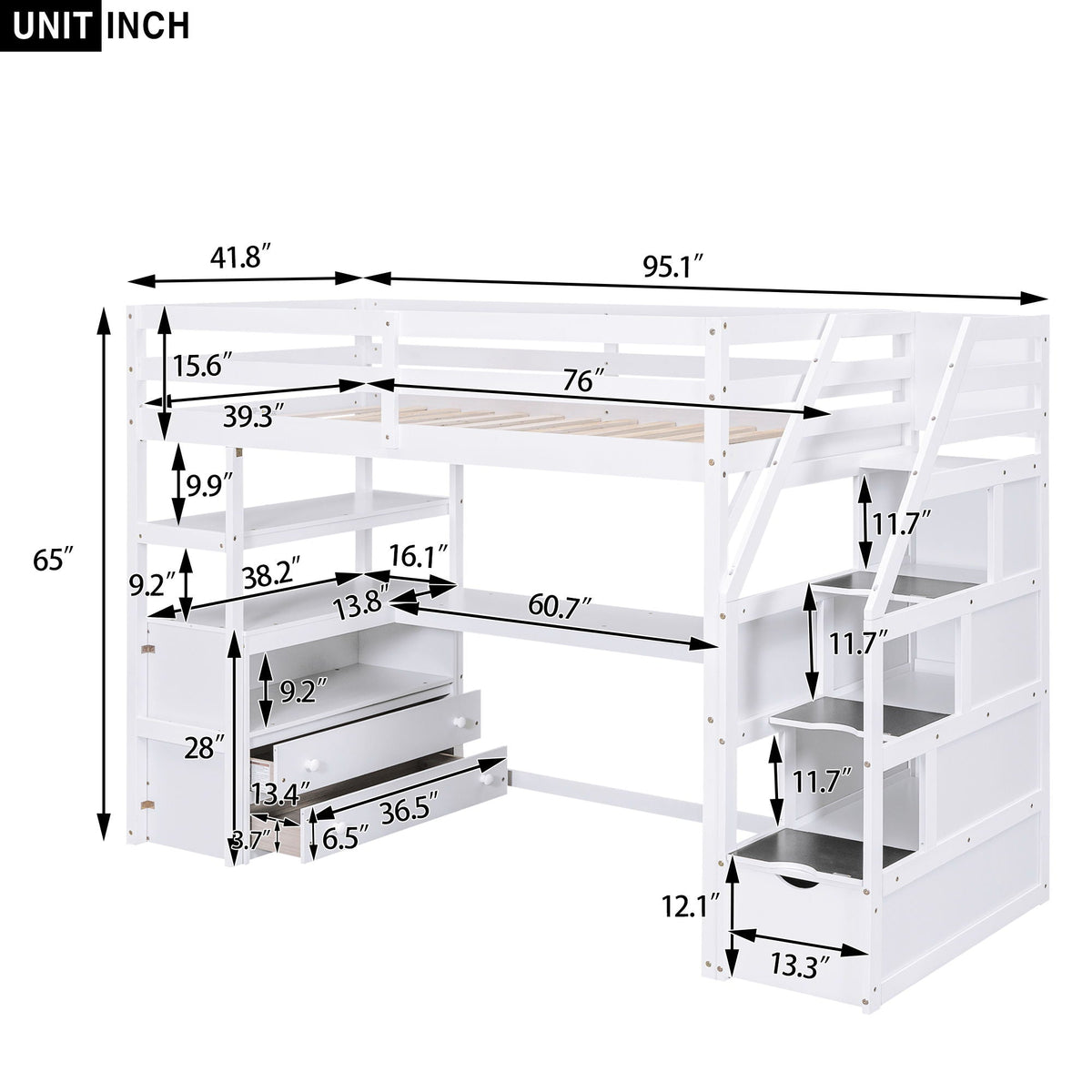 White loft bed with desk, shelves, two drawers and storage staircase by HouseOfZazla on Tampa Home & Garden Store