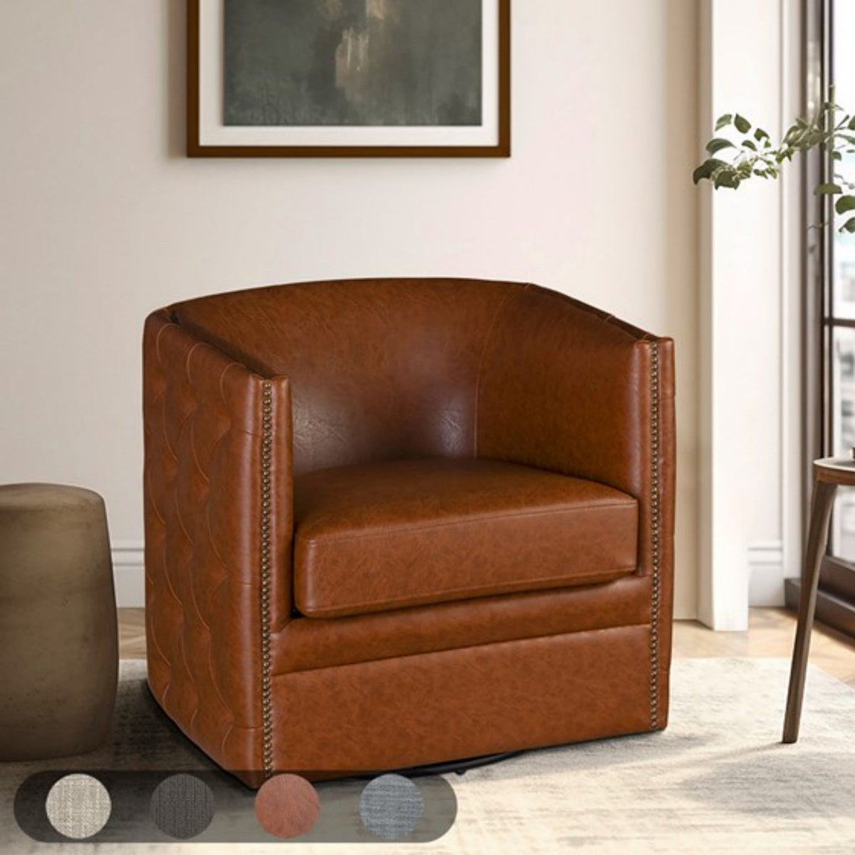 Swivel chair with tufted barrel design and nailhead trim in brown leather on Tampa Home & Garden Store