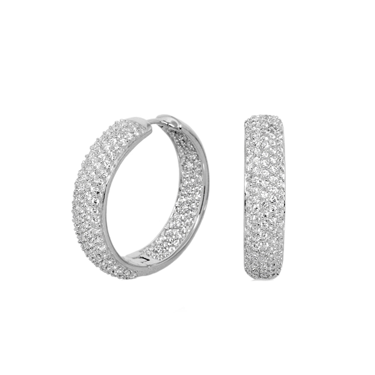 Pair of Glamour Pave wide domed huggie earrings, by Lauren G Adams, silver-tone pavé hoops on Tampa Home & Garden Store