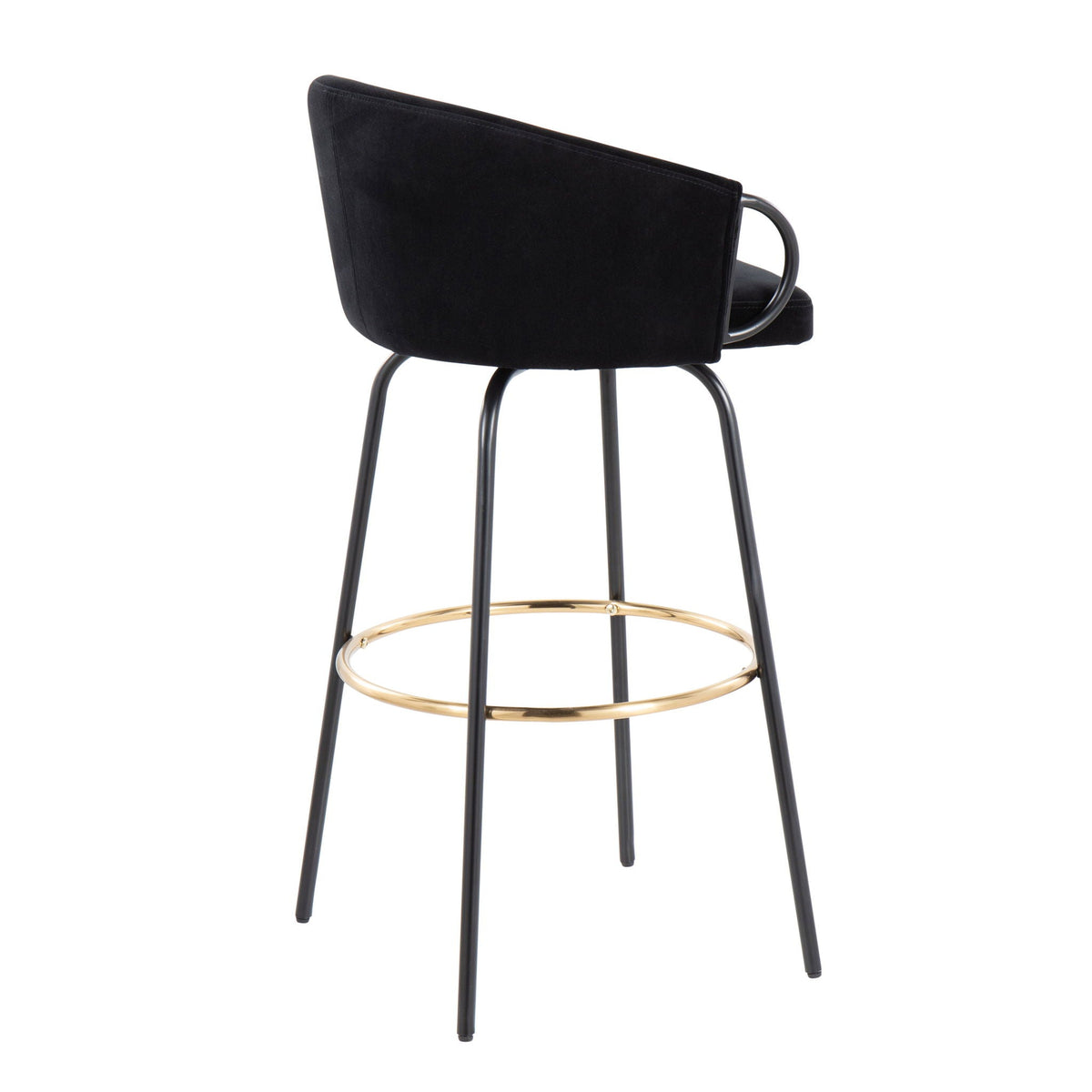 Claire Contemporary Barstool with Footrest, black velvet seat and back, gold footring, set of 2 on Tampa Home & Garden Store