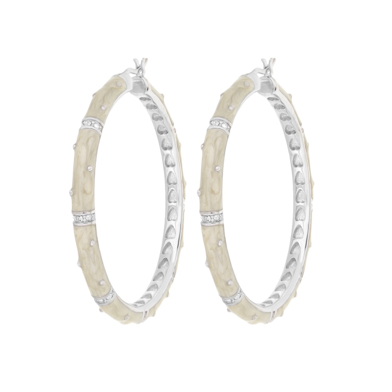 Polka dot enamel hoop earrings by Lauren G Adams, cream enamel with crystal stations, pair on Tampa Home & Garden Store