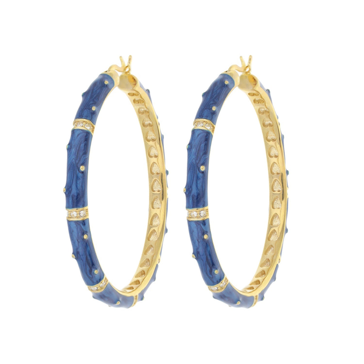 Polka dot enamel hoop earrings by Lauren G Adams in blue with gold trim and crystal accents on Tampa Home & Garden Store