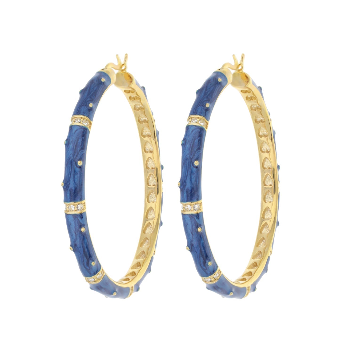 Polka dot enamel hoop earrings by Lauren G Adams in blue with gold trim and crystal accents on Tampa Home & Garden Store