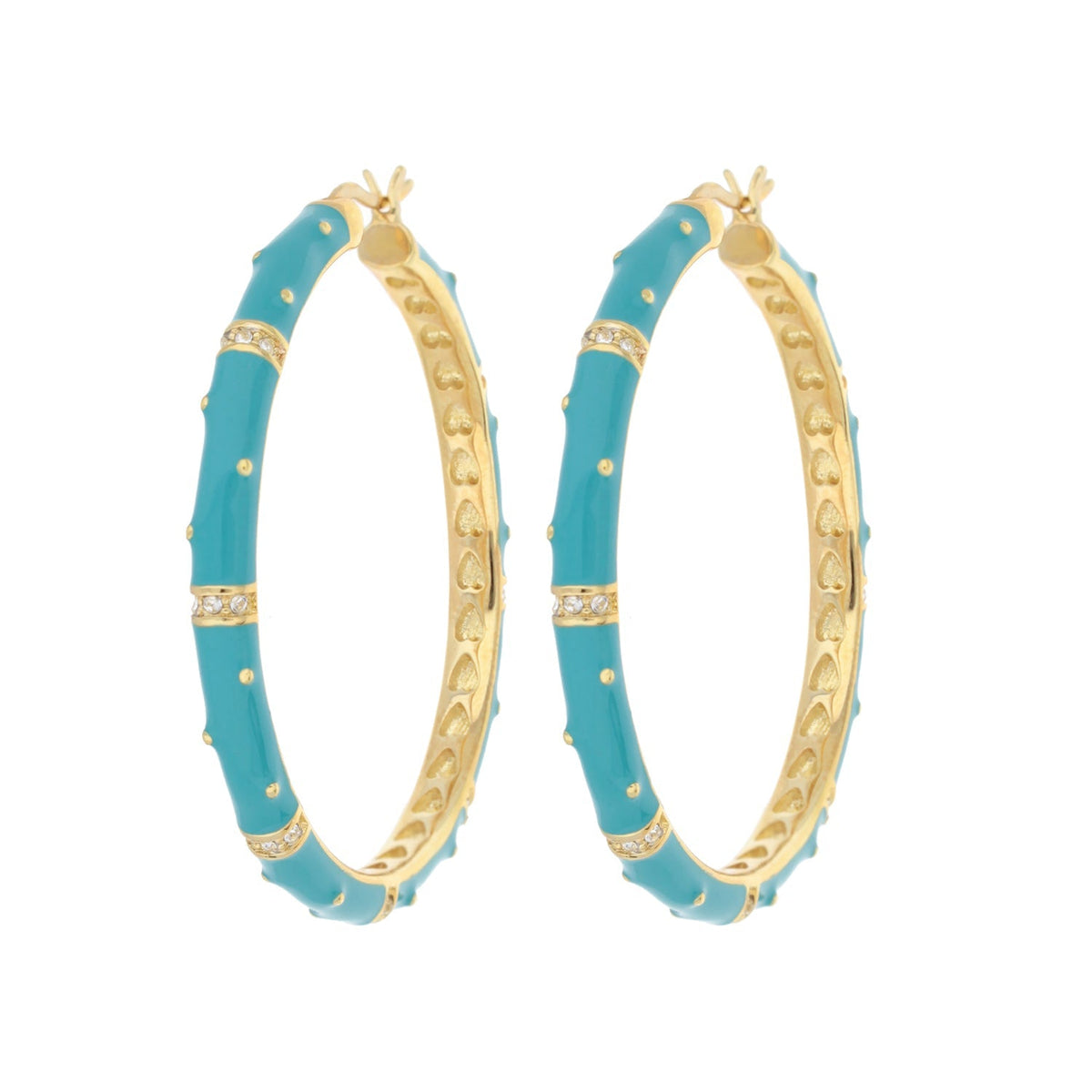 Polka Dot Crystal Station Hoop Earrings turquoise enamel with gold trim and crystal accents on Tampa Home & Garden Store