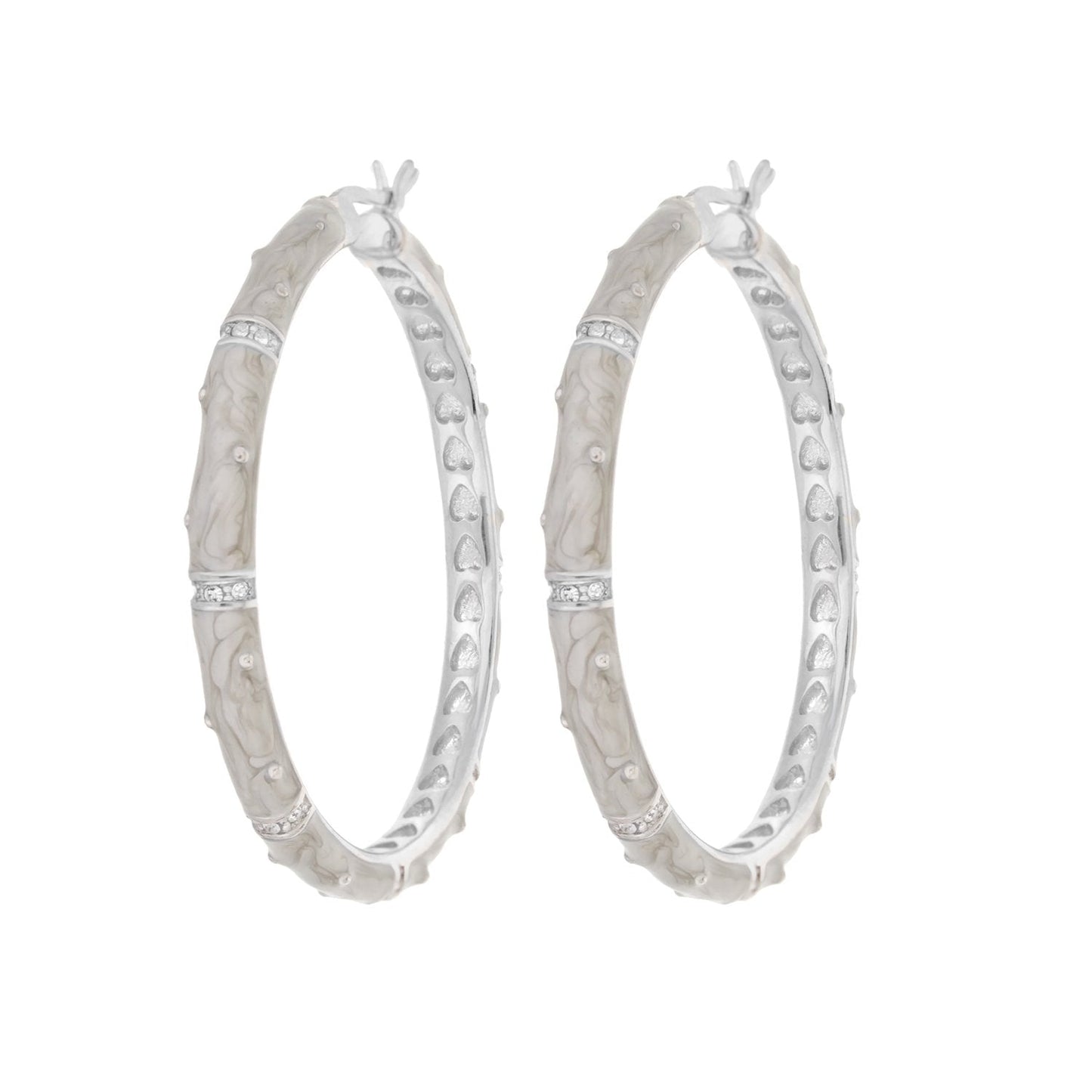 Enamel hoop earrings in marbled white with crystal-station trim, silver-tone hoops, pair on Tampa Home & Garden Store