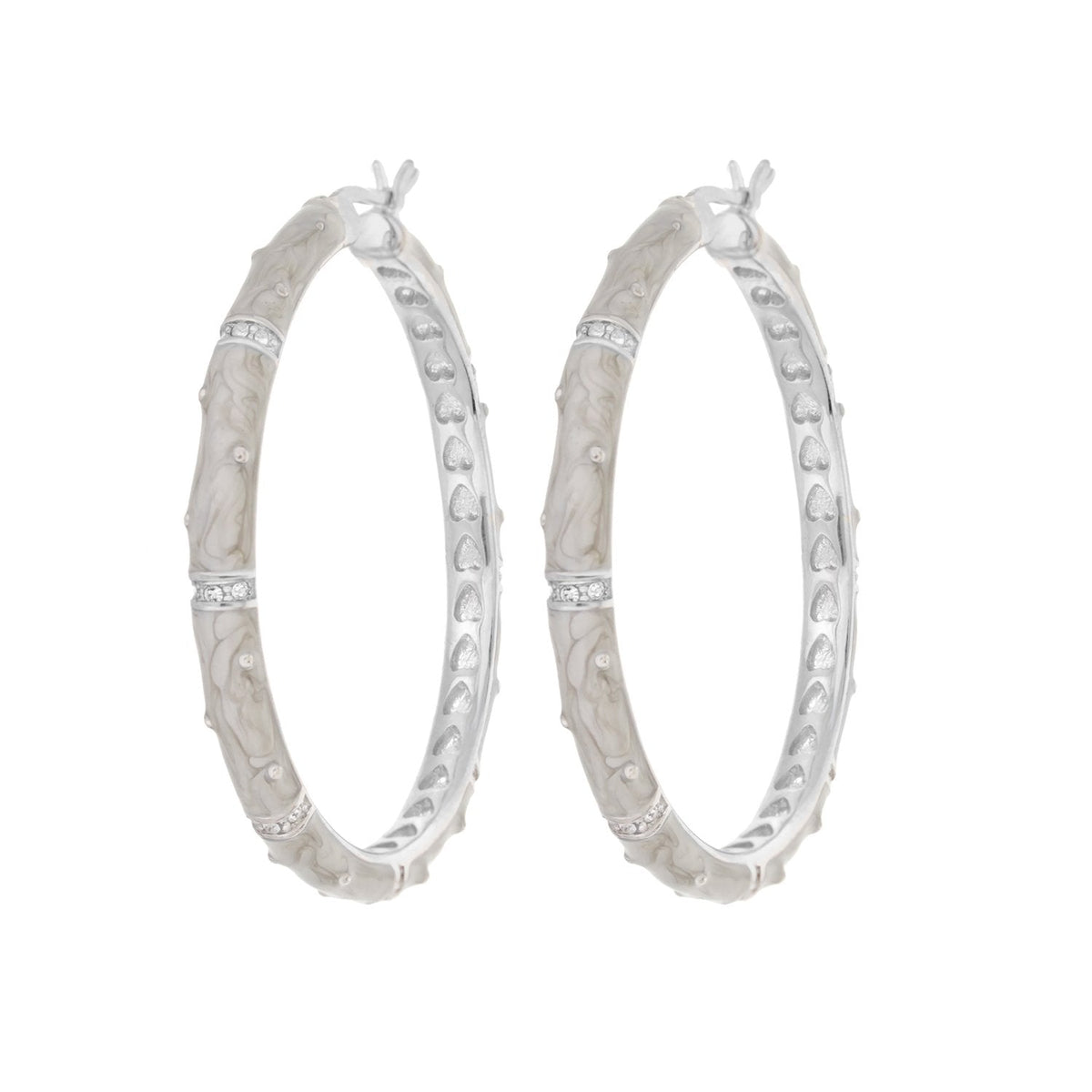 Enamel hoop earrings in marbled white with crystal-station trim, silver-tone hoops, pair on Tampa Home & Garden Store
