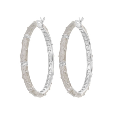 Enamel hoop earrings in marbled white with crystal-station trim, silver-tone hoops, pair on Tampa Home & Garden Store