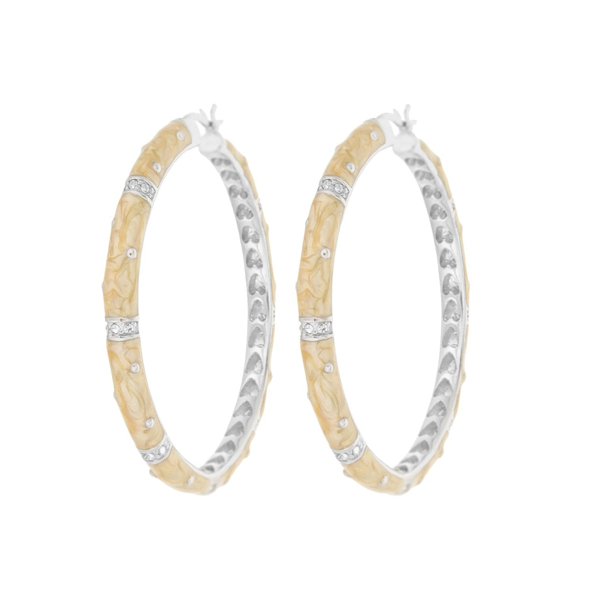 Polka Dot Enamel Hoop Earrings by Lauren G Adams, beige marbled enamel with crystal bands pair on Tampa Home & Garden Store