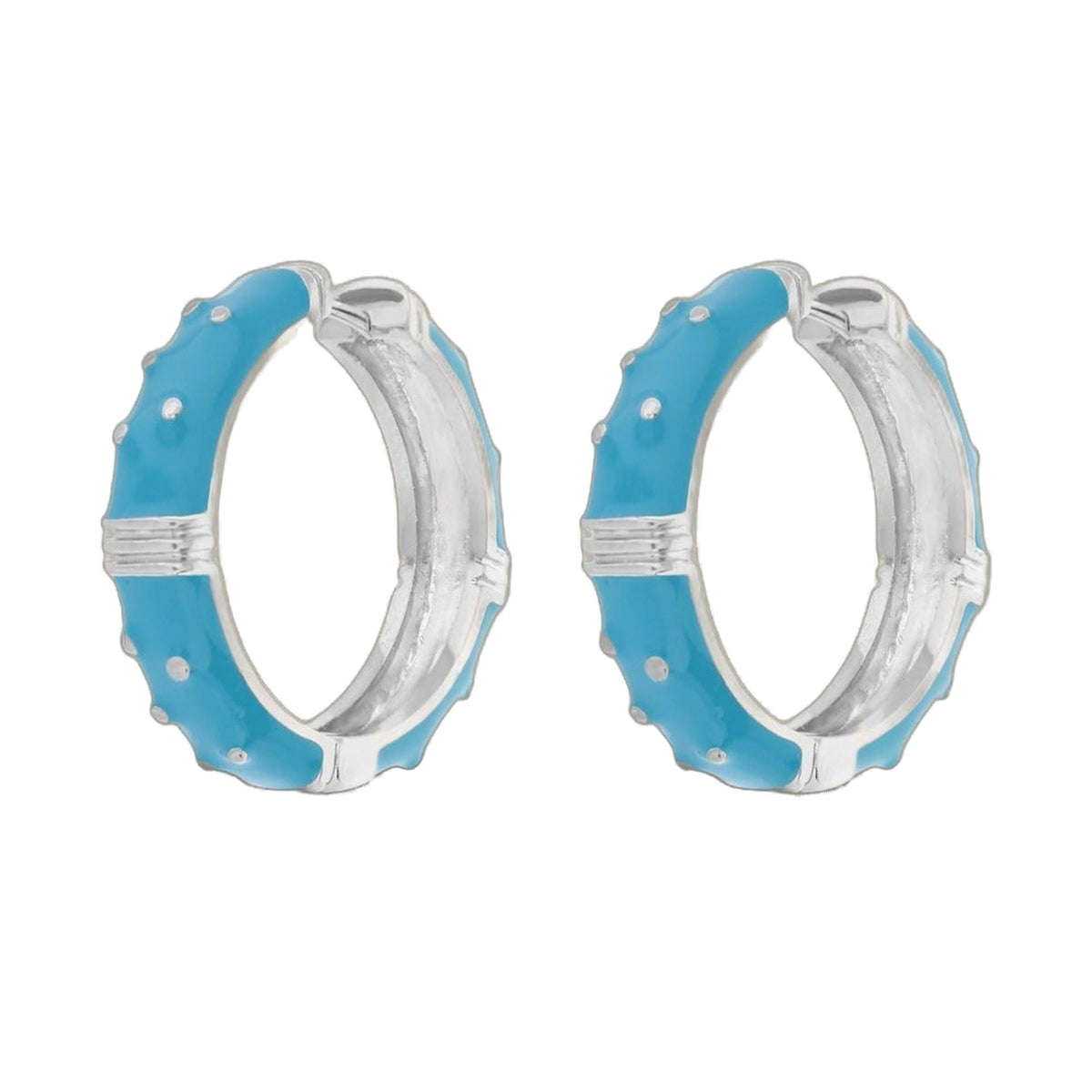Polka Dot Enamel Hoop Earrings turquoise blue with white dot accents, silver rims, pair on Tampa Home & Garden Store