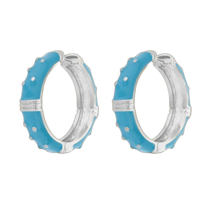 Polka Dot Enamel Hoop Earrings turquoise blue with white dot accents, silver rims, pair on Tampa Home & Garden Store